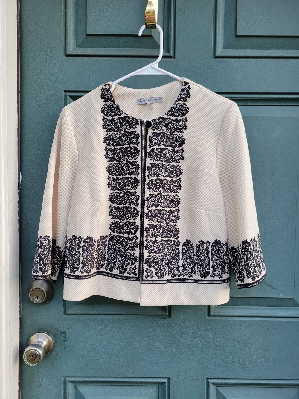 Danny & Nicole Cream Jacket with Black Embroidered Trim Women's Large